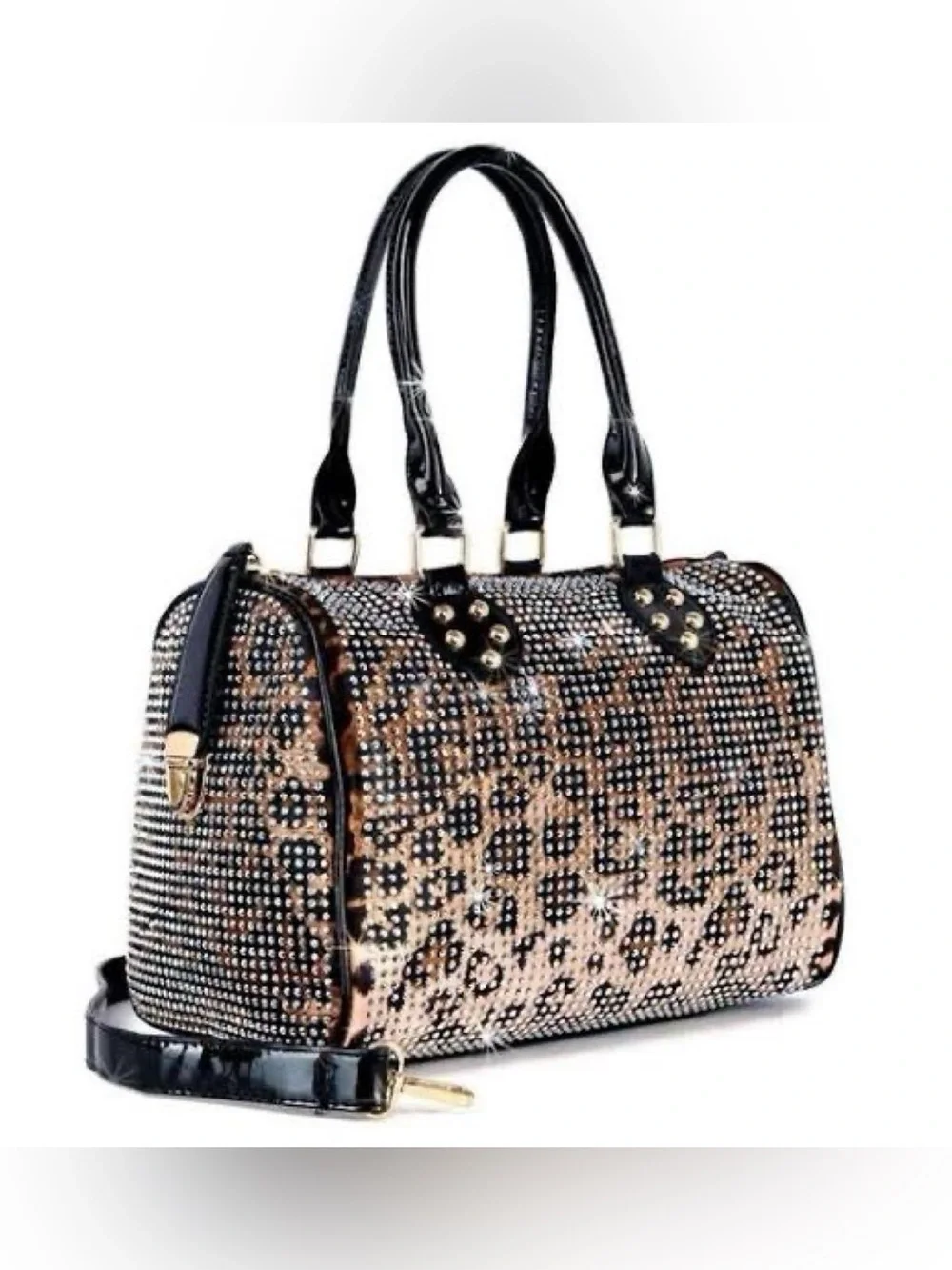 All-Over Rhinestone Leopard Print Duffle Satchel Purse (Excellent Condition)